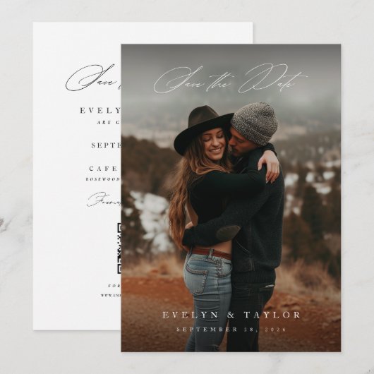 Rustige kalligrafie script QR-code trouwfoto Save The Date (Voorkant / Achterkant)