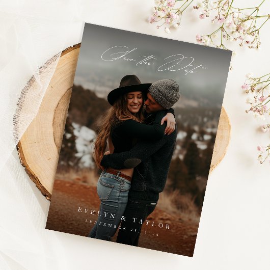 Rustige kalligrafie script QR-code trouwfoto Save The Date