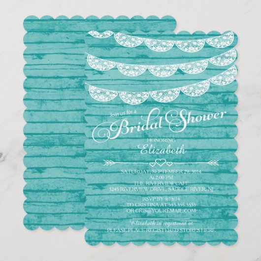 Rustige kant en blauw hout — korte uitnodiging (Voorkant / Achterkant)