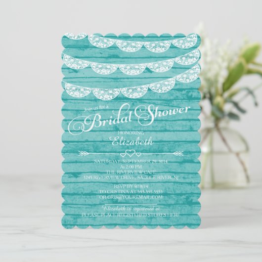 Rustige kant en blauw hout — korte uitnodiging (Staand voorkant)