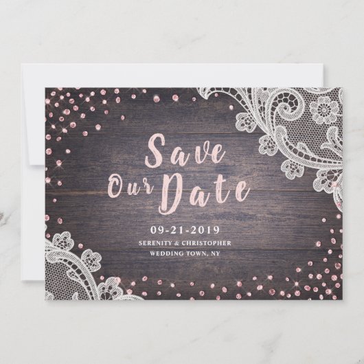 Rustige kant en blush glitter van hout, behalve de save the date (Voorkant)