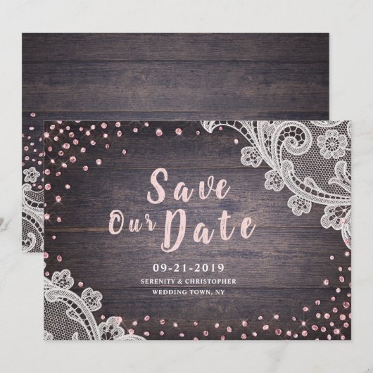 Rustige kant en blush glitter van hout, behalve de save the date (Voorkant / Achterkant)
