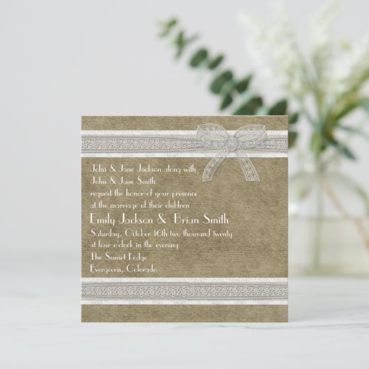 Rustige kant en burlap huwelijksuitnodigingen kaart (Staand voorkant)