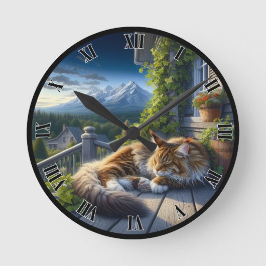 rustige kat op een veranda ronde klok (Voorkant)