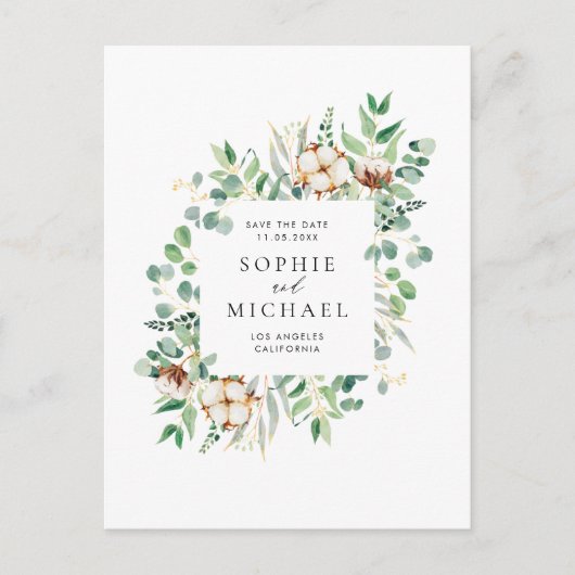 Rustige katoen en Eucalyptus Lijst Sla de datum op Briefkaart (Voorkant)