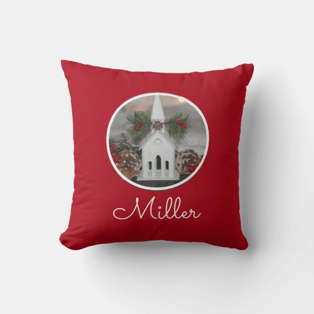 Rustige Kerk Pine Cones Red, gepersonaliseerd  Kussen (Voorkant)