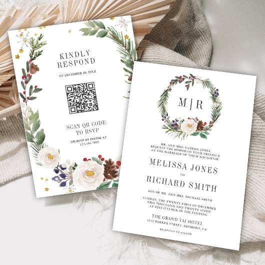 Rustige Kerst Bloemige Monogram QR Code Trouwen Kaart