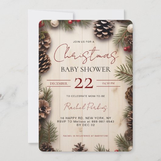 Rustige Kerst Dennenkegel Bessen Hout Baby Borrel Kaart (Voorkant)