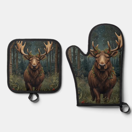 Rustige Kerst eland hert boho bos bosland Ovenwant & Pannenlap Set (Voorkant)