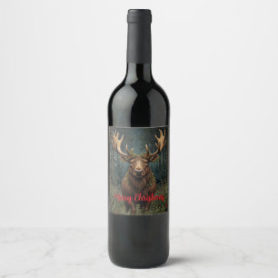 Rustige Kerst eland hert boho bos bosland Wijn Etiket