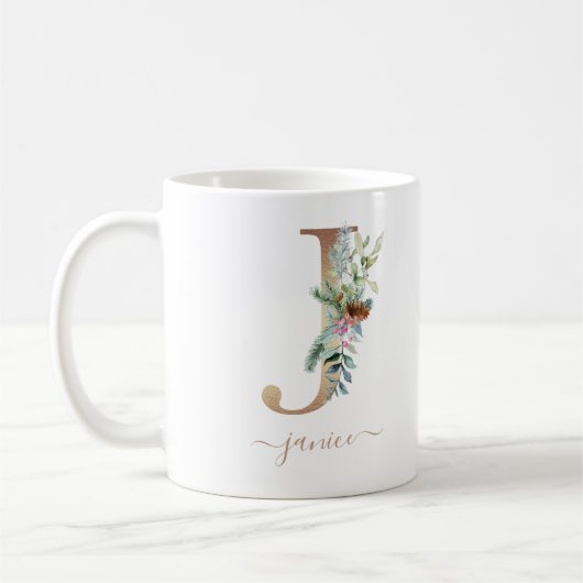 Rustige kerst Holly Red Berries Gold Monogram J Koffiemok (Links)