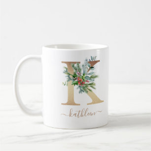 Rustige kerst Holly Red Berries Gold Monogram K Koffiemok