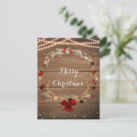 Rustige Kerst Kranz met Geweien van Hout & Lichtje Feestdagenkaart (Staand voorkant)