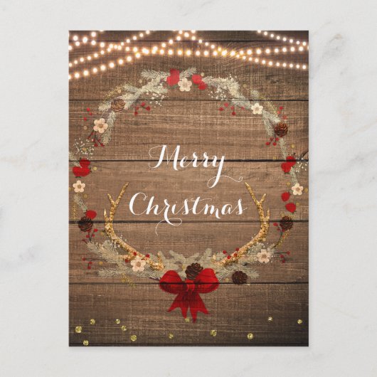 Rustige Kerst Kranz met Geweien van Hout & Lichtje Feestdagenkaart (Voorkant)