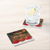 Rustige kerst met hout en rode bessen kartonnen onderzetters (Insitu)