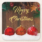 Rustige kerst met hout en rode bessen kartonnen onderzetters (Voorkant)