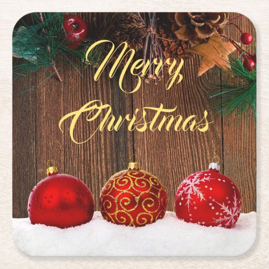 Rustige kerst met hout en rode bessen kartonnen onderzetters (Voorkant)