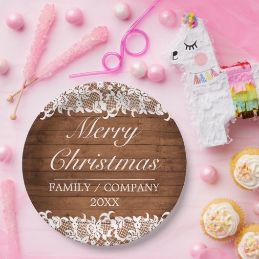 Rustige kerst met hout en witte kant papieren bordje (Feest)