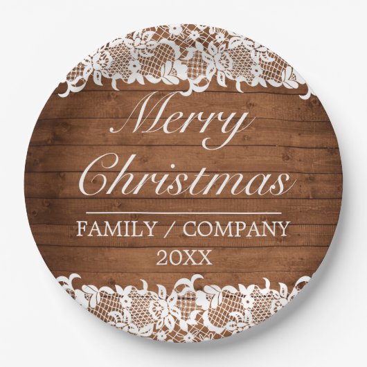 Rustige kerst met hout en witte kant papieren bordje (Voorkant)