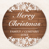 Rustige kerst met hout en witte kant ronde kartonnen onderzetter (Voorkant)