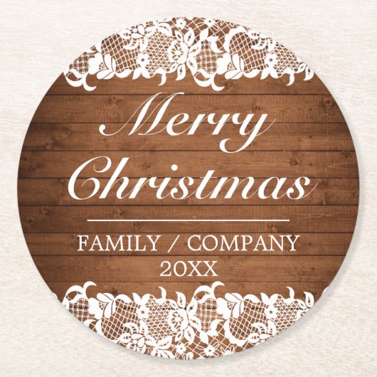 Rustige kerst met hout en witte kant ronde kartonnen onderzetter (Voorkant)
