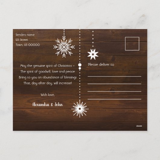Rustige kerst met kerst en snowflake hout feestdagenkaart (Achterkant)