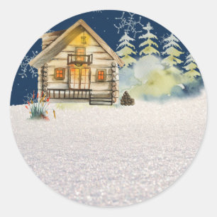 Rustige Kerstavond Blokhut Bos Bomen Sneeuw C Ronde Sticker