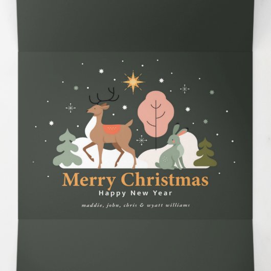 Rustige kerstavond met rendieren en konijn drieluik wenskaart (Binnenkant midden)