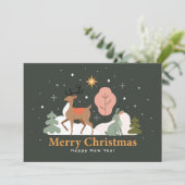 Rustige kerstavond met rendieren en konijn feestdagenkaart (Staand voorkant)