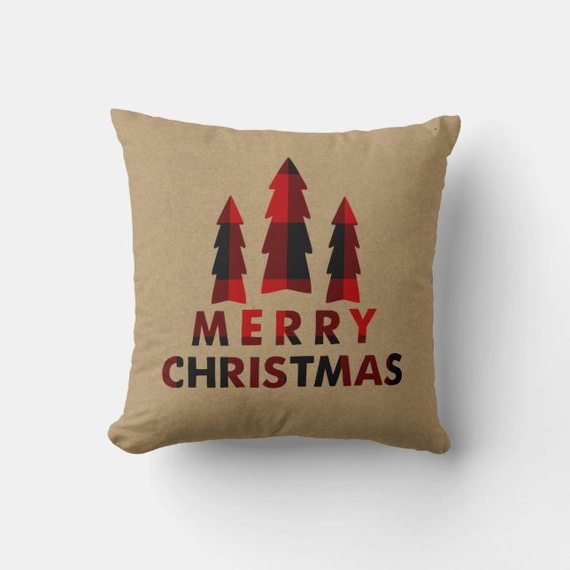Rustige Kerstbomen Rood Buffalo Plaid Kussen (Voorkant)
