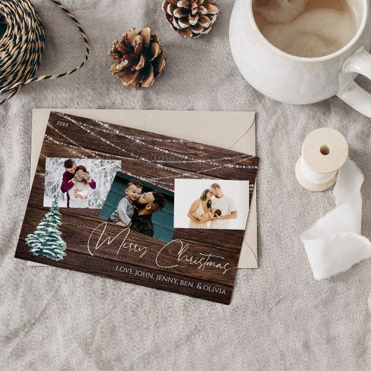 Rustige kerstboom 3 Foto's en licht, houten Kaart