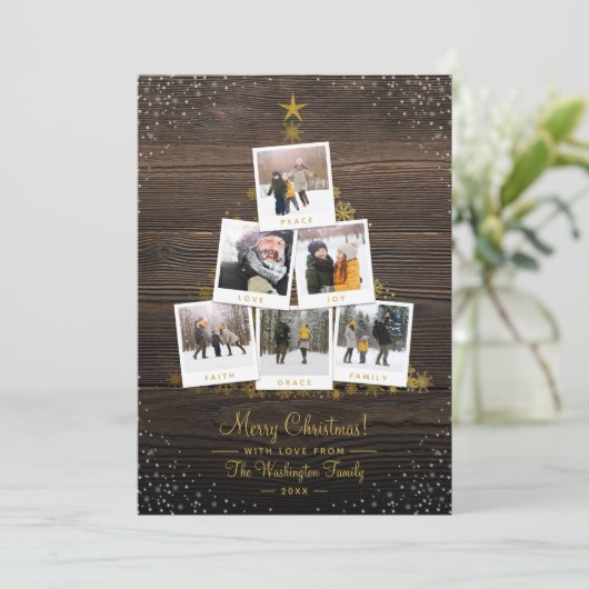 Rustige kerstboom 6-fotokaart met hout en gouden k kaart (Staand voorkant)