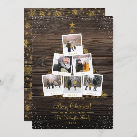 Rustige kerstboom 6-fotokaart met hout en gouden k kaart (Voorkant / Achterkant)