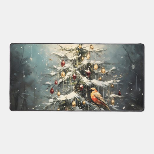 Rustige Kerstboom in de Winter Sneeuw Rode Vogels Bureaumat (Voorkant)