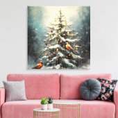 Rustige Kerstboom in de Winter Sneeuw Rode Vogels  Canvas Afdruk (Insitu (Woonkamer))