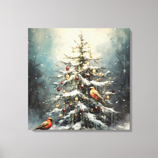 Rustige Kerstboom in de Winter Sneeuw Rode Vogels  Canvas Afdruk (Voorkant)