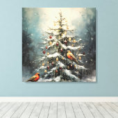 Rustige Kerstboom in de Winter Sneeuw Rode Vogels  Canvas Afdruk (Insitu (Houten vloer))