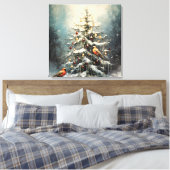 Rustige Kerstboom in de Winter Sneeuw Rode Vogels  Canvas Afdruk (Insitu (Slaapkamer))