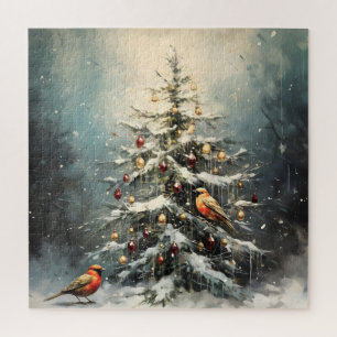 Rustige Kerstboom in de Winter Sneeuw Rode Vogels Legpuzzel