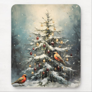 Rustige Kerstboom in de Winter Sneeuw Rode Vogels Muismat