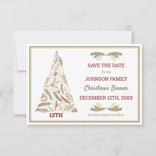 Rustige kerstboom Red Green Gold Festive Save The Date (Voorkant)
