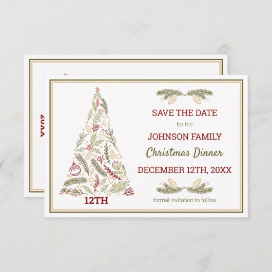 Rustige kerstboom Red Green Gold Festive Save The Date (Voorkant / Achterkant)