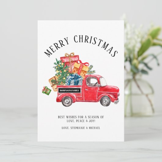 Rustige kerstboom  Rode vrachtwagen naam Feestdagenkaart (Staand voorkant)