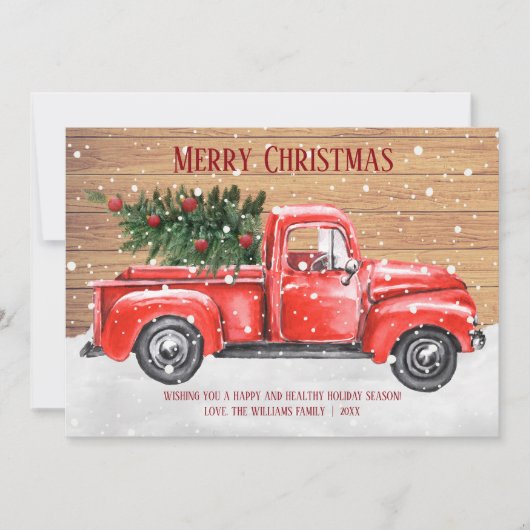 Rustige kerstboom  Rode vrachtwagen naam Feestdagenkaart (Voorkant)