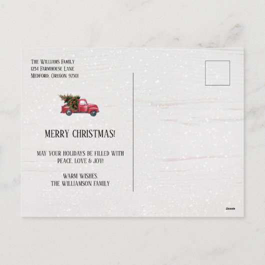Rustige kerstboom  Rode vrachtwagen naam Feestdagenkaart (Achterkant)