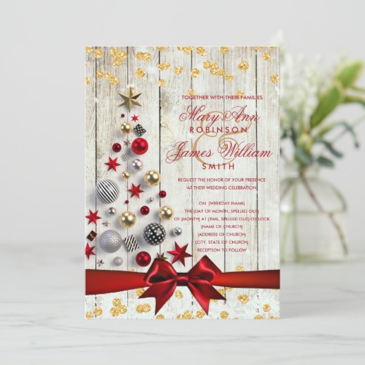 Rustige kerstbruiloft Bauble Tree Gold Glitter Kaart (Staand voorkant)