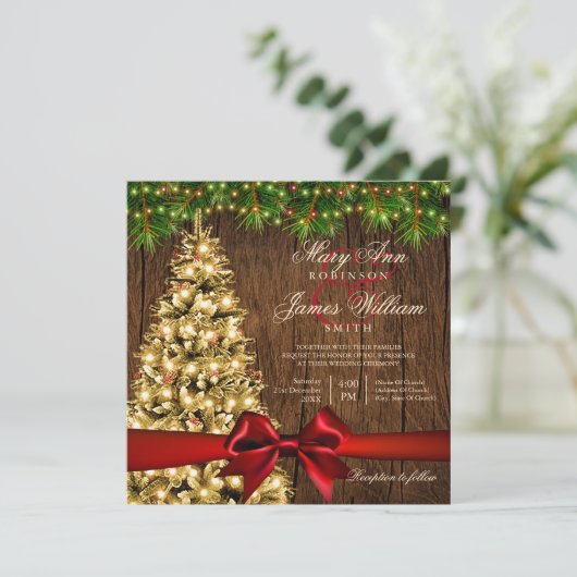 Rustige kerstbruiloft, licht en rood lint kaart (Staand voorkant)