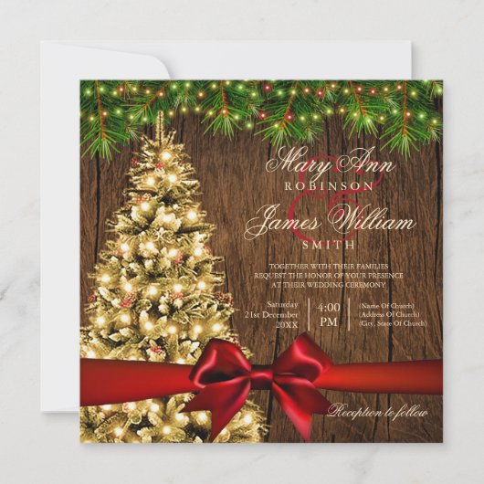 Rustige kerstbruiloft, licht en rood lint kaart (Voorkant)