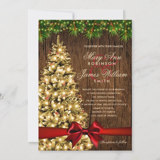 Rustige kerstbruiloft, licht en rood lint kaart (Voorkant)