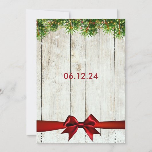 Rustige kerstbruiloft, licht en rood lint kaart (Achterkant)